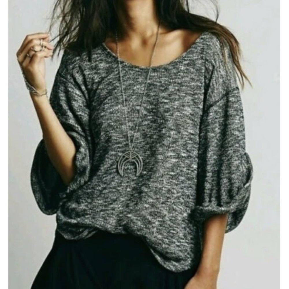 Free People FP Beach Small Nani Tee Marled Black Ivory Rolled Sleeve Slouchy Top
